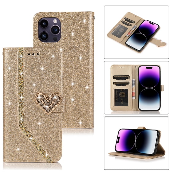 SaniMore for iPhone 13 Pro 6.1" Magnetic Glitter Love Flip Wallet Case with Card Slot & Kickstand, Premium PU Leather Case with Wrist Strap Shockproof Protective Case for Women Ladies Girls, Gold