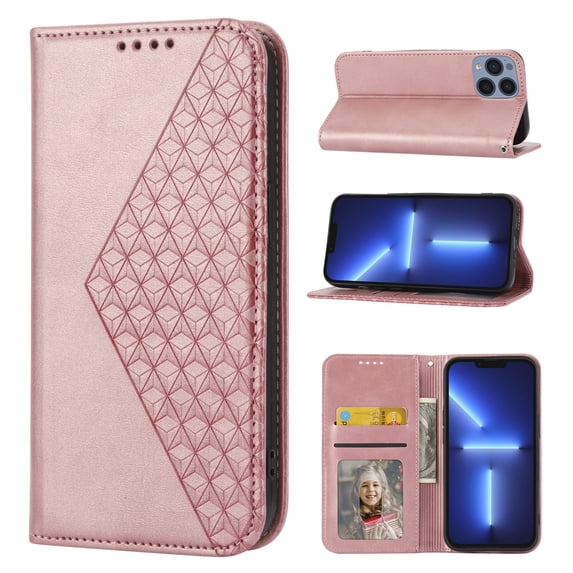 SaniMore for iPhone 13 Pro 6.1" PU Leather Case RFID Blocking, Magnetic Closure Flip Wallet Cover with Wrist Strap Card Slot & Multi-Angle Kickstand All-Inclusive Protective Shell, Rosegold