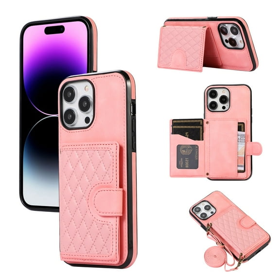 SaniMore for iPhone 13 Pro Case, Magnetic Wallet Case with Shoulder & Wrist Strap for Women/Girls, PU Leather Card Holder Flip Kickstand Cover for iPhone 13 Pro 5G, Rosegold