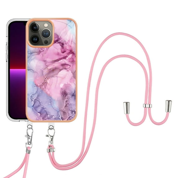 SaniMore for iPhone 13 Pro Case, Marble Pattern 3 in 1 Heavy Duty Shockproof Full Body Hard PC IMD Bumper Crossbody Lanyard Women Girls Shockproof Cover for iPhone 13 Pro, Pink