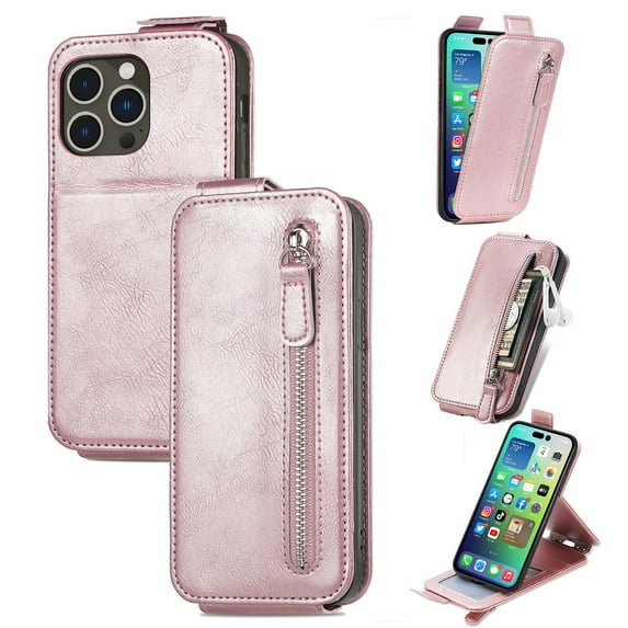SaniMore for iPhone 13 Pro Magnetic Closure Top & Bottom Flip Wallet Case, Premium PU Leather Cover with Car Mount Card Slot & Adjustable Kickstand Full Body Protective Shell, Rosegold