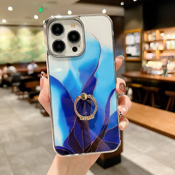 SaniMore for iPhone 13 Pro Max 6.7" 2021 Case with 360 Rotating Ring Bracket, Unique Fashion Marble Print Pattern Soft TPU Slim Fit Protective Shockproof Stylish Girly Stand Phone Case, Darkblue