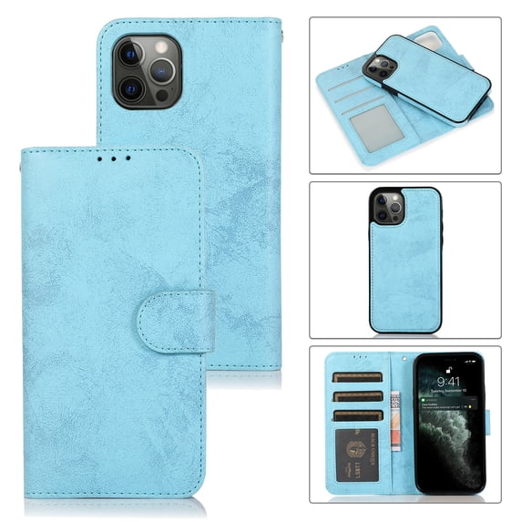 SaniMore for iPhone 13 Pro Max 6.7" 2021 Case, Flip Folio Leather Wallet Cover with Detachable Shell Wrist Strap Kickstand Card Slots Business Shockproof Case with Magnetic Clasp,
Lightblue