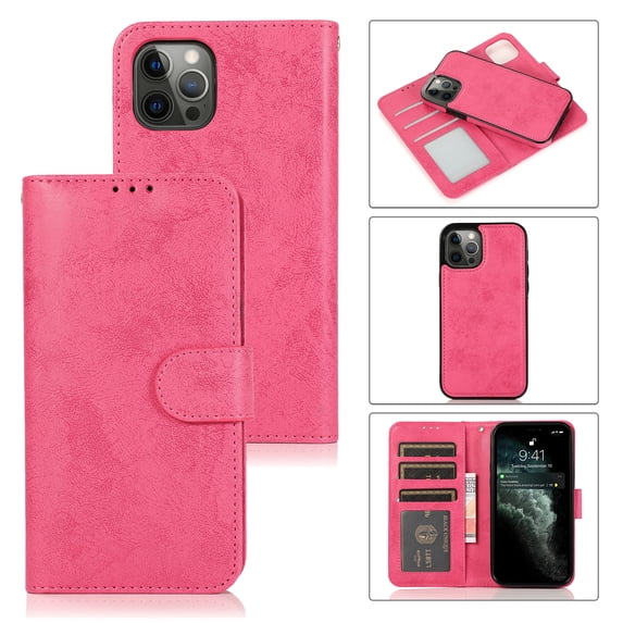 SaniMore for iPhone 13 Pro Max 6.7" 2021 Case, Flip Folio Leather Wallet Cover with Detachable Shell Wrist Strap Kickstand Card Slots Business Shockproof Case with Magnetic Clasp, Rose