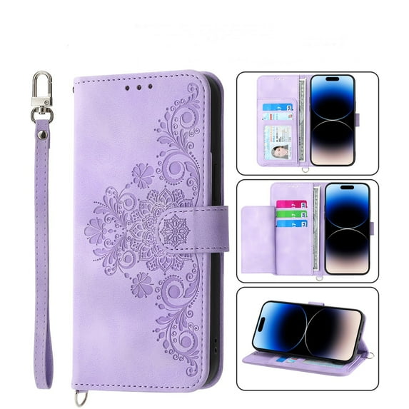 SaniMore for iPhone 13 Pro Max 6.7" Magnetic Flip Wallet Case with Cross Body Strap, PU Leather Case with Card Slot & Multi-Angle Kickstand Shockproof Protective Case for Girls Ladies, Purple