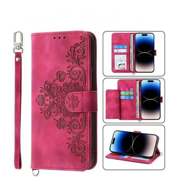 SaniMore for iPhone 13 Pro Max 6.7" Magnetic Flip Wallet Case with Cross Body Strap, PU Leather Case with Card Slot & Multi-Angle Kickstand Shockproof Protective Case for Girls Ladies, Winered