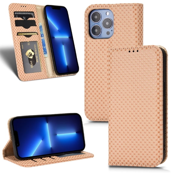SaniMore for iPhone 13 Pro Max 6.7" Magnetic Flip Wallet Case, Soft TPU Internal Case with Card Slot & Multi-Angle Kickstand Shockproof Protective Case for Men Ladies, Beige