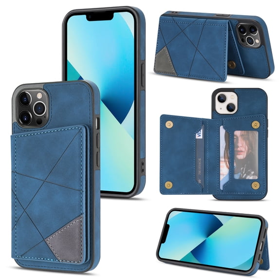 SaniMore for iPhone 13 Pro Max 6.7" PU Leather Case RFID Blocking, Back Magnetic Button Flip Wallet Cover Built-in Card Slot & Multi-Angle Kickstand Ultra-Thin Full Body Protective Shell, Blue