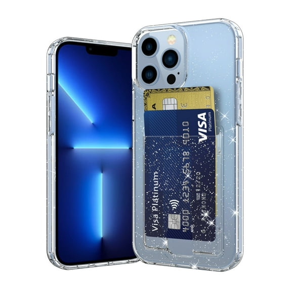 SaniMore for iPhone 13 Pro Max 6.7" Translucent Glitter Case, Rugged PC Back & Soft TPU Bumpers Case with Card Slot Shockproof Protective Case for iPhone 13 Pro Max Women Ladies Girls, Clear