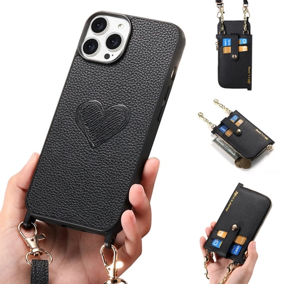 SaniMore for iPhone 13 Pro Max Case, PU Leather Removeable Zipper Purse with Card Slots Crossbody Lanyard Shockproof Bumper Anti-drop Love Heart Stylish for Girls Women Wallet Cover, Black