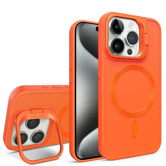 SaniMore for iPhone 13 Pro Max Case, Rugged Frosted PC Magafe Shell, Camera Lens Protection with Foldable Bracket, Wireless Charging Magnetic Car Mount Shockproof Anti-fall, Orange