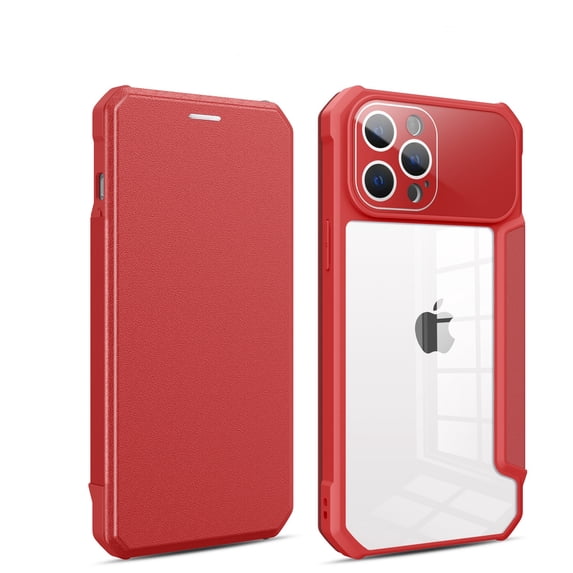 SaniMore for iPhone 13 Pro Max Case Transparent PC & Soft TPU Built-in Electroplated Lens Ring, Magnetic Flip Cover with Card Slot & Kickstand Shockproof Protective Shell, Red
