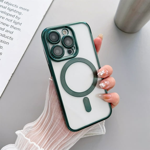 SaniMore for iPhone 13 Pro Max Magnetic Case Support Wireless Charging, Rugged PC Transparent Cover with Tempered Glass Camera Lens Protector & Dust Proof Net Shockproof Protective Shell, Darkgreen