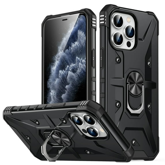 SaniMore for iPhone 13 Pro Max Multi-Functional Case, Rugged PC Magnetic Cover Built-in Car Mount & 360° Rotatable Metal Ring Kickstand Military Grade Shockproof Protective Shell, Black
