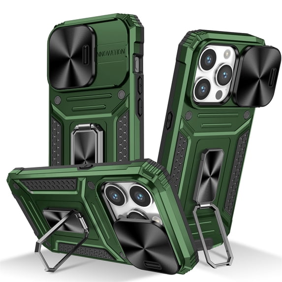 SaniMore for iPhone 13 Pro Max Stand Case, Slide Camera Cover 360 Degree Rotating Kickstand Magnetic Car Mount Hybird Tri-layer Rugged Shell Military-grade Shockproof Anti-drop Cover, Darkgreen