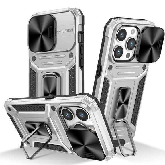 SaniMore for iPhone 13 Pro Max Stand Case, Slide Camera Cover 360 Degree Rotating Kickstand Magnetic Car Mount Hybird Tri-layer Rugged Shell Military-grade Shockproof Anti-drop Cover, Silver