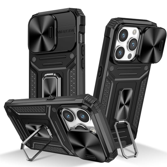 SaniMore for iPhone 13 Pro Max Stand Case, Slide Camera Cover 360 Degree Rotating Kickstand Magnetic Car Mount Hybird Tri-layer Rugged Shell Military-grade Shockproof Anti-drop Cover, Black