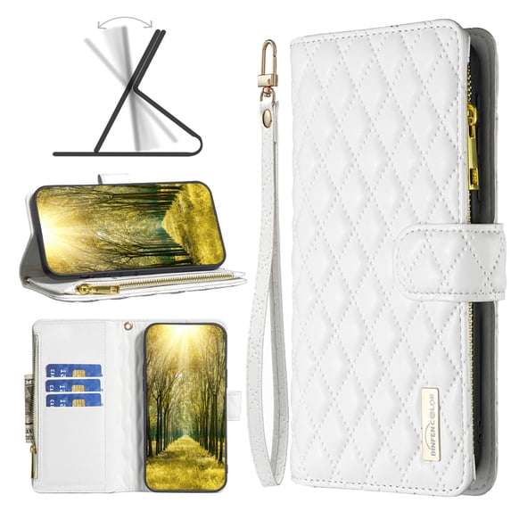 SaniMore for iPhone 13 Pro PU Leather Case, Magnetic Clasp Flip Zipper Wallet Cover with Card Slot & Adjustable Kickstand Wrist Strap Full Body Protective Shell for Women Girls, White