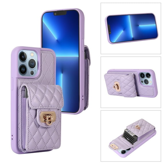 SaniMore for iPhone 13 Pro PU Leather Case, Multi-Functional Metal Snap Wallet Cover with Card Slot & Kickstand Shoulder Strap Full Body Protective Shell for iPhone 13 Pro, Purple