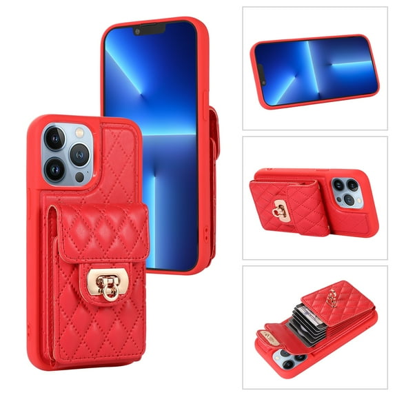 SaniMore for iPhone 13 Pro PU Leather Case, Multi-Functional Metal Snap Wallet Cover with Card Slot & Kickstand Shoulder Strap Full Body Protective Shell for iPhone 13 Pro, Red