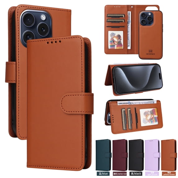 SaniMore for iPhone 13 Pro Wallet Case, Detachable Strong Magnetic PU Leather Flip Cover PU Leather with Magnetic Shell Card Slots Cash Pocket Wristlet Strap Full Body Protective Stand Shell, Brown