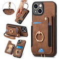 thumbnail image 1 of SaniMore for iPhone 13 Wallet Case, [RFID Blocking] Elastic Card Slot Vehicle Magnetic PU Leather Ring Holder & Lanyard Stand Money Pocket Protective Cover for iPhone 13, Brown, 1 of 12
