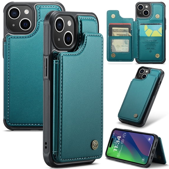 SaniMore for iPhone 13 Wallet Case, RFID Blocking PU Leather Kickstand Credit Slots Flip Folio Protective Case, Double Magnetic Clasp Durable Shockproof Cover for iPhone 13, Blue