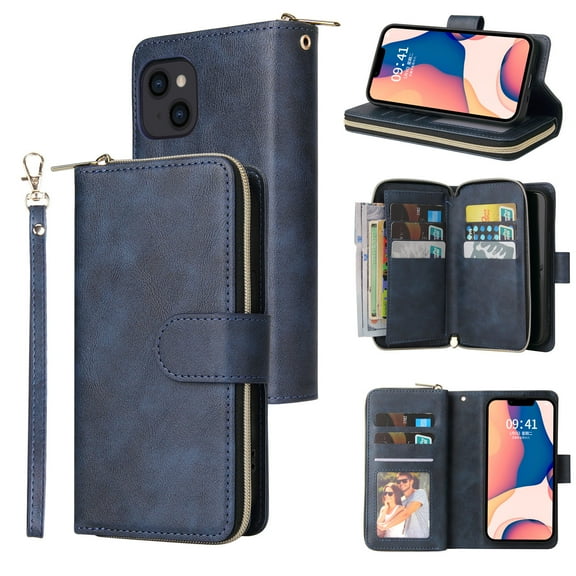 SaniMore for iPhone 14 (6.1" 2022) 3 in 1 Case, Zipper Purse Cover + Card Slots +  Kickstand + Detachable Lanyard Comprehensive Protective Shockproof Anti-drop Shell For iPhone 14 6.1", Blue