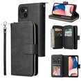 thumbnail image 1 of SaniMore for iPhone 14 (6.1" 2022) 3 in 1 Case, Zipper Purse Cover + Card Slots +  Kickstand + Detachable Lanyard Comprehensive Protective Shockproof Anti-drop Shell For iPhone 14 6.1", Black, 1 of 8
