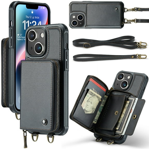 SaniMore for iPhone 14 6.1" 2022 Case, [Crossbody/Wrist Strap][Zipper Flip Wallet][Card Slots][Rifid Layer] PU Leather Retro 360° Protective Shockproof Cover for iPhone 14 6.1" 2022, Black