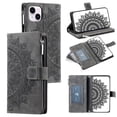 thumbnail image 1 of SaniMore for iPhone 14 6.1" 2022 Case, Luxury PU Leather Skin with Emboss Totem Detachable Crossbody Strap + Zipper Cash Pokcet Card Holder Flip Kickstand Wallet Cover for iPhone 14, Gray, 1 of 10