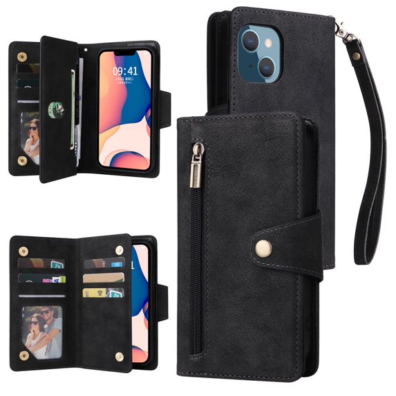 SaniMore for iPhone 14 6.1" 2022 Case, PU Leather 2 in 1 Zipper Wallet Removeable Wrist Strap Card Slots Cash Pocket Kickstand Shockproof Anti-fall Full Protective Shell For iPhone 14, Black