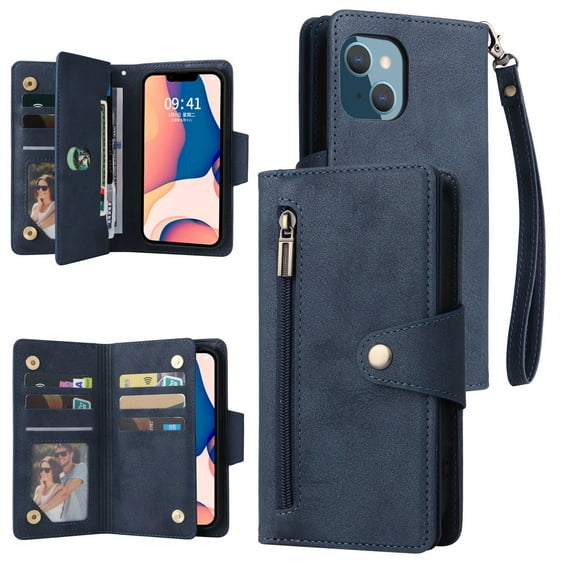 SaniMore for iPhone 14 6.1" 2022 Case, PU Leather 2 in 1 Zipper Wallet Removeable Wrist Strap Card Slots Cash Pocket Kickstand Shockproof Anti-fall Full Protective Shell For iPhone 14, Blue