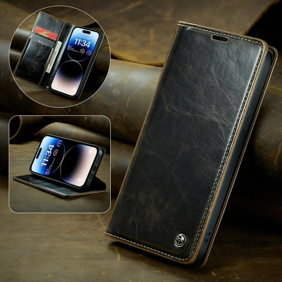 SaniMore for iPhone 14 (6.1" 2022) Case, PU Leather Auto-magnet Full Protection Flip Kickstand Card & Cash Slots, Retro Shockproof Anti-fall Wallet Business Shell for iPhone 14, Brown