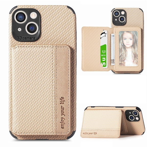 SaniMore for iPhone 14 (6.1" 2022) Case, PU Leather Carbon Fibre Pattern, Flip Wallet Card Slots RFID Blocking Magnetic Car Mount Shockproof Anti-fall Protective Shell for iPhone 14, Khaki
