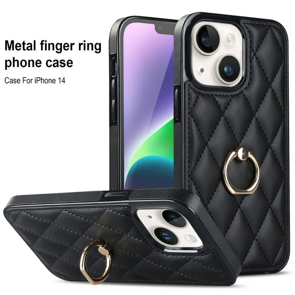 SaniMore for iPhone 14 6.1" 2022 Case, PU Leather Case with Luxury Fashion Lattice for Girls Women 360° Rotating Metal Ring/Kickstand Shockproof Durable Case For iPhone 14 6.1 Inch, Black