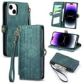 thumbnail image 1 of SaniMore for iPhone 14 (6.1" 2022) Case, PU Leather Embossed Lines with Wrist Strap Zipper Cash Pocket Card Slots Magnetic Flip Stand Full Protective TPU Shell Anti-drop Business Design, Green, 1 of 10