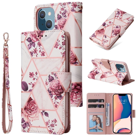 SaniMore for iPhone 14 6.1" 2022 Case, PU Leather Luxury Marble Flip Cover with Detachable Wrist Strap Card Slot Kickstand Shockproof Magnetic Buckle Protective Shell For iPhone 14, Rosegold
