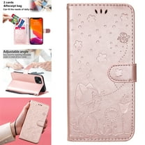 SaniMore for iPhone 14 6.1" 2022 Case, PU Leather Skin with Embossed Cat Flip Magnetic Cover Card Slots Kickstand Detachable Lanyard Full Around Wallet Case For iPhone 14 6.1", Rosegold