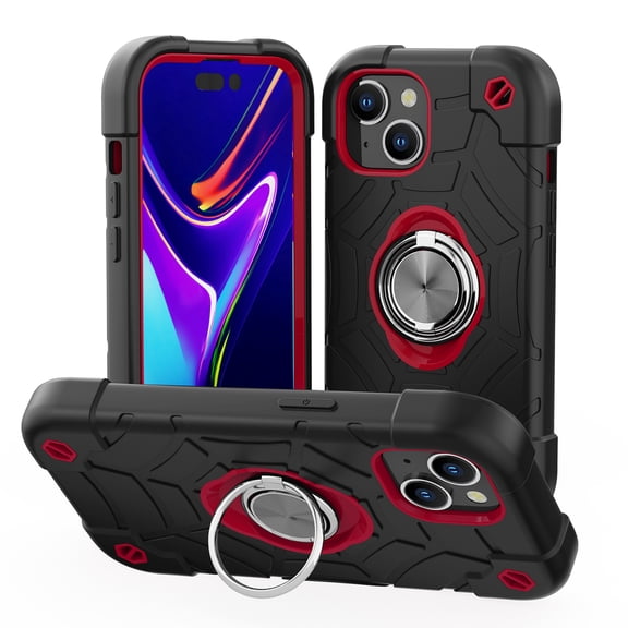 SaniMore for iPhone 14(6.1" 2022) Case, Tri-layer Hybird PC TPU Heavy Duty Protective Cover with Tempered Glass Screen Protector (2PCS) + Rotating Ring Kickstand Drop Resistant Shockproof, Black+Red