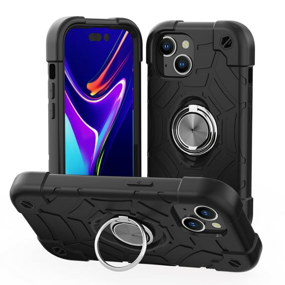 SaniMore for iPhone 14(6.1" 2022) Case, Tri-layer Hybird PC TPU Heavy Duty Protective Cover with Tempered Glass Screen Protector (2PCS) + Rotating Ring Kickstand Drop Resistant Shockproof, Black