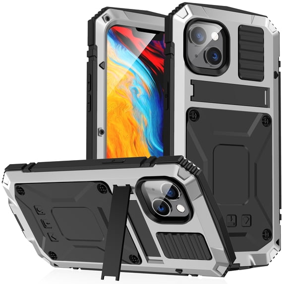 SaniMore for iPhone 14 6.1" 2022 Tri-layer Case with Wireless Charging Tempered Glass Screen Protector Hidden Bracket Drop Resistant Heavy Duty Protective Case for iPhone 14, Silver