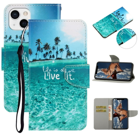 SaniMore for iPhone 14 6.1" 2022 Wallet Case, Color Painting Pattern with Kickstand Card Slots Detachable Wrist Strap Grils Women PU Leather Case Magnetic Clasp for iPhone 14, Coconut Tree