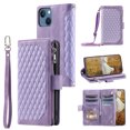 thumbnail image 1 of SaniMore for iPhone 14 (6.1" 2022) Wallet Case with Wrist/Crossbody Lanyard, 3D Lattice PU Leather Flip Kickstand Zipper Purse & Card Slots Magnetic Clasp Shockproof TPU Shell Anti-drop - Purple, 1 of 12