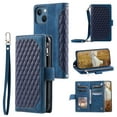 thumbnail image 1 of SaniMore for iPhone 14 (6.1" 2022) Wallet Case with Wrist/Crossbody Lanyard, 3D Lattice PU Leather Flip Kickstand Zipper Purse & Card Slots Magnetic Clasp Shockproof TPU Shell Anti-drop - Blue, 1 of 12