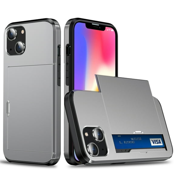 SaniMore for iPhone 14 6.1" Case with Card Holder, Slim Dual Layer Heavy Duty iPhone 14 2022 Wallet Case Hidden Sliding Credit Slot Protective Cover for Men Women, Gray