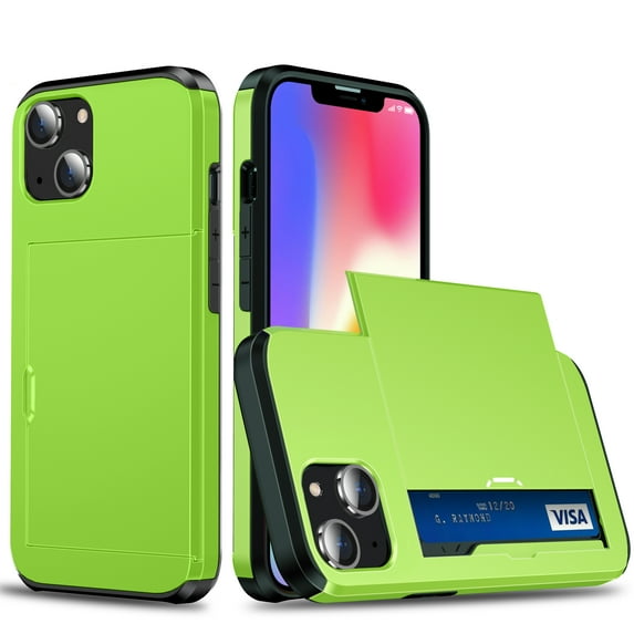 SaniMore for iPhone 14 6.1" Case with Card Holder, Slim Dual Layer Heavy Duty iPhone 14 2022 Wallet Case Hidden Sliding Credit Slot Protective Cover for Men Women, Green