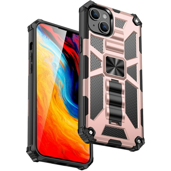 SaniMore for iPhone 14 6.1" Case, Rugged PC CD Magnetic Cover Built-in Car Mount & Folding Kickstand Military Grade Shockproof Heavy Duty Protective Shell for iPhone 14 Women Men, Rosegold