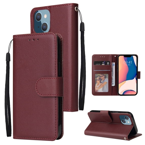 SaniMore for iPhone 14 6.1" PU Leather Case, Magnetic Closure Flip Wallet Cover with Wrist Strap Card Slot & Multi-Angle Kickstand All-Inclusive Protective Shell, Winered