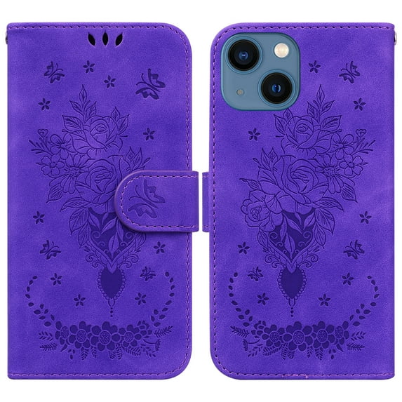 SaniMore for iPhone 14 6.1" PU Leather Case, Magnetic Closure Flip Wallet Embossed Cover with Wrist Strap Card Slot & Multi-Angle Kickstand Shockproof Protective Shell, Purple